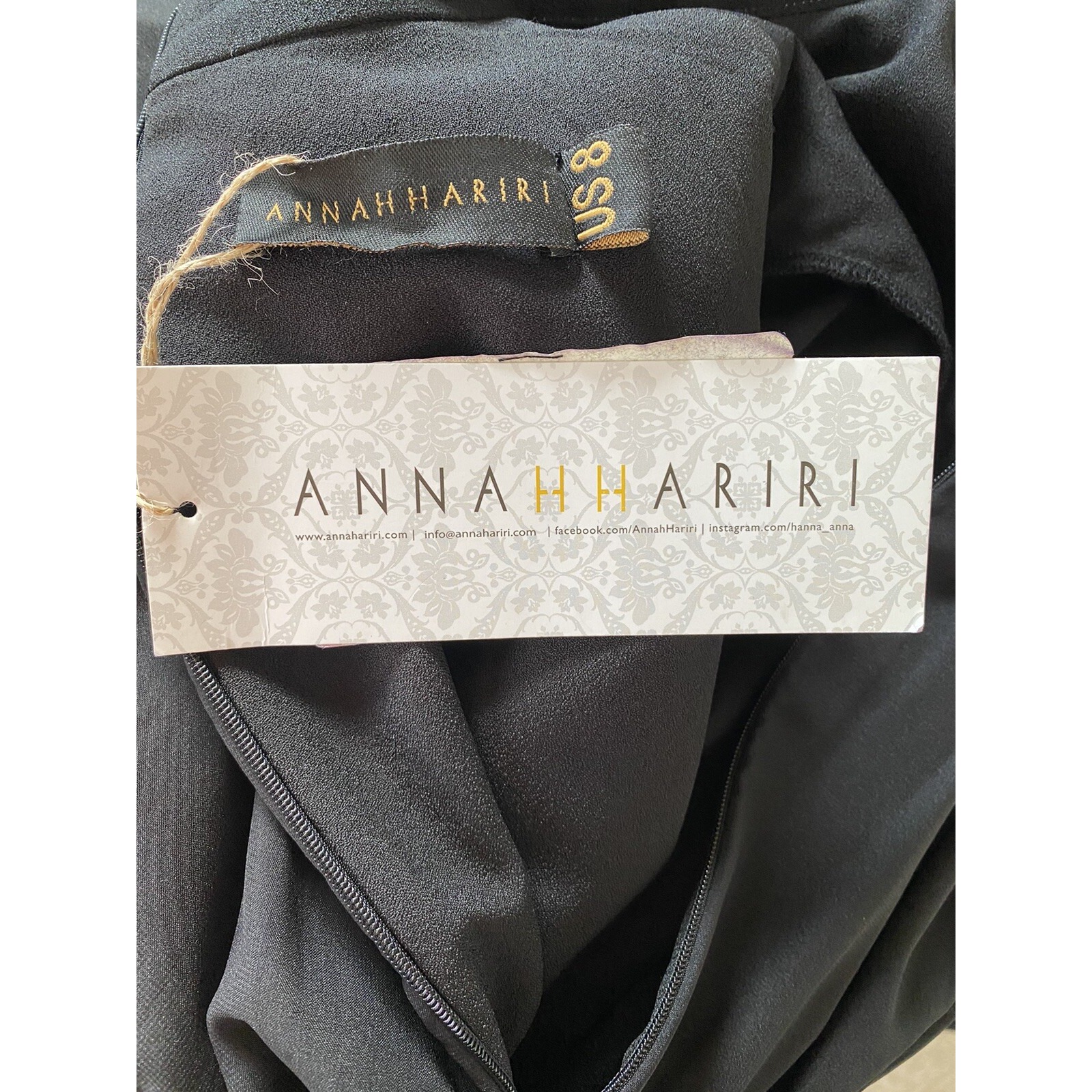 Annah Hariri Dress Black Modest Whitchy Goth Faux Pearl Trim Mock Neck Sz 8 Nwt — image 3 of 5